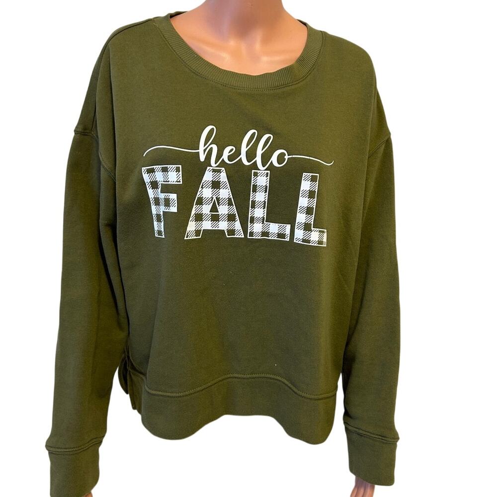 Dittos NWOT Hello Fall Olive Green Sweatshirt womens sz XL